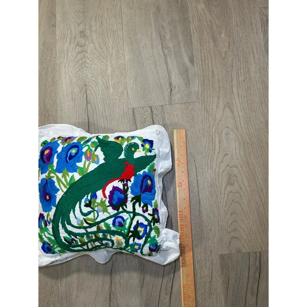Vintage Handmade Embroidered Peacock Pillow Floral Folk Art Boho Ruffle 16”